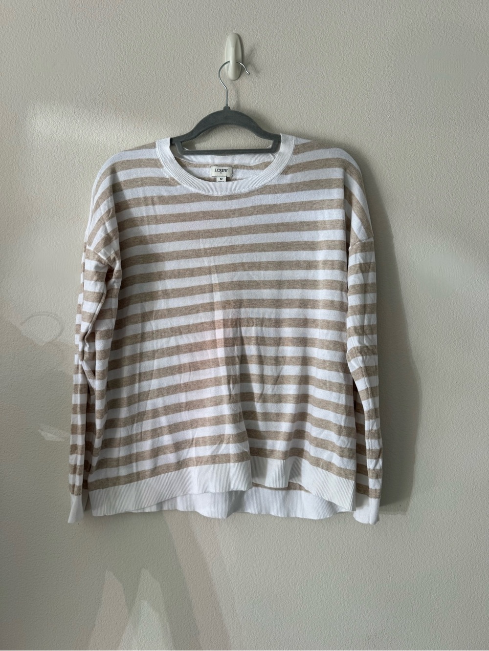 J. Crew Beige and White Striped Crewneck Sweater
